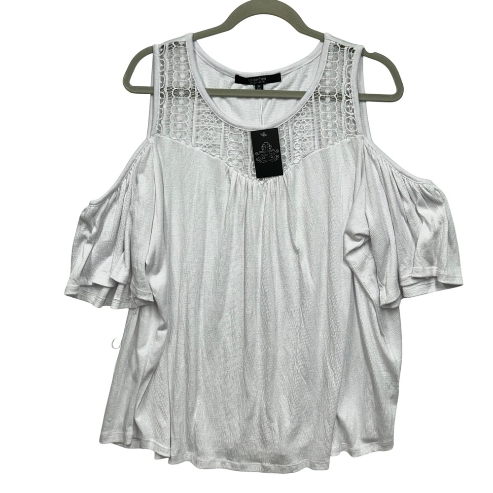 Louise Paris Womens White Cold‎ Shoulder Lace Ruffle Sleeve Top 2X NWT